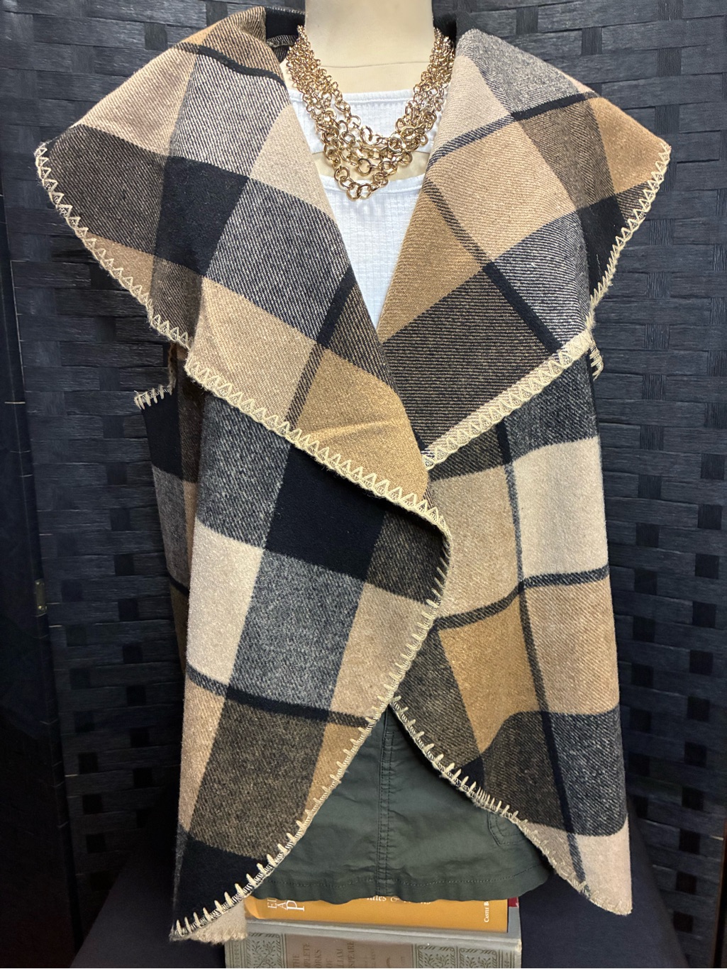 Mud Pie Tan & Black Plaid Open-Front Cape